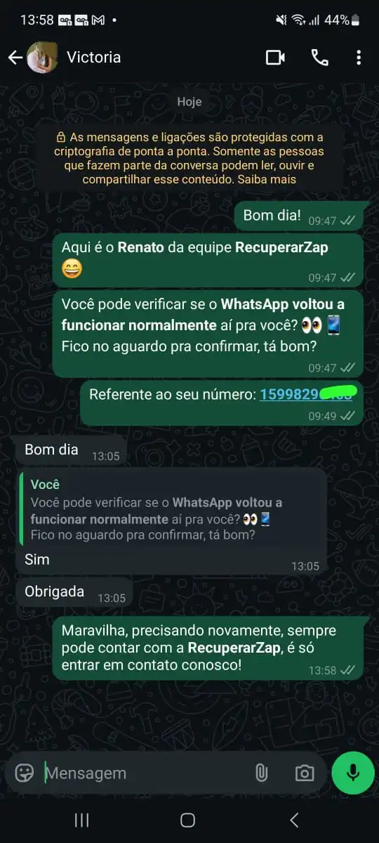 Cliente Victoria confirmando que o WhatsApp voltou a funcionar