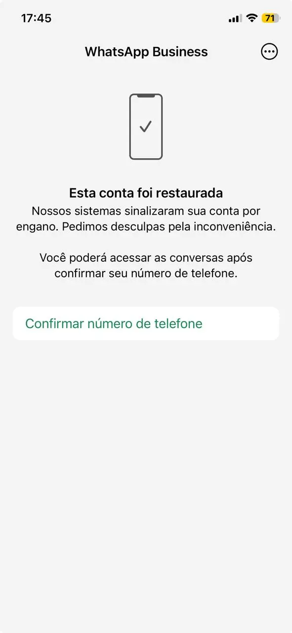 Tela do WhatsApp Business mostrando conta restaurada