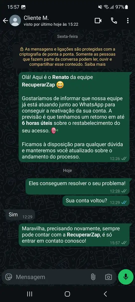 Cliente confirmando que a conta voltou após a notificação