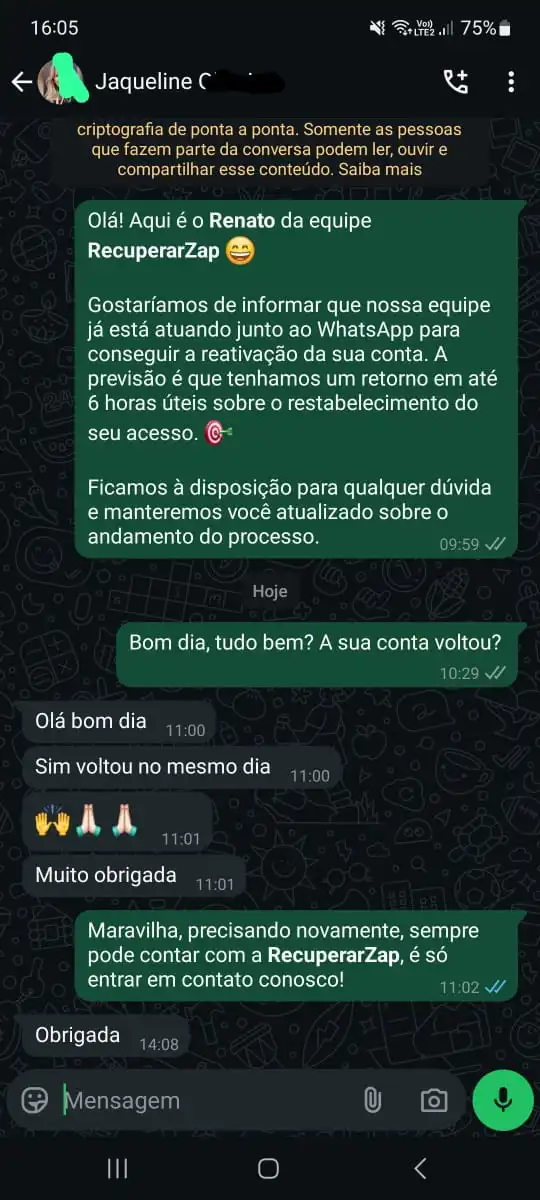 Cliente Jaqueline dizendo que a conta voltou no mesmo dia