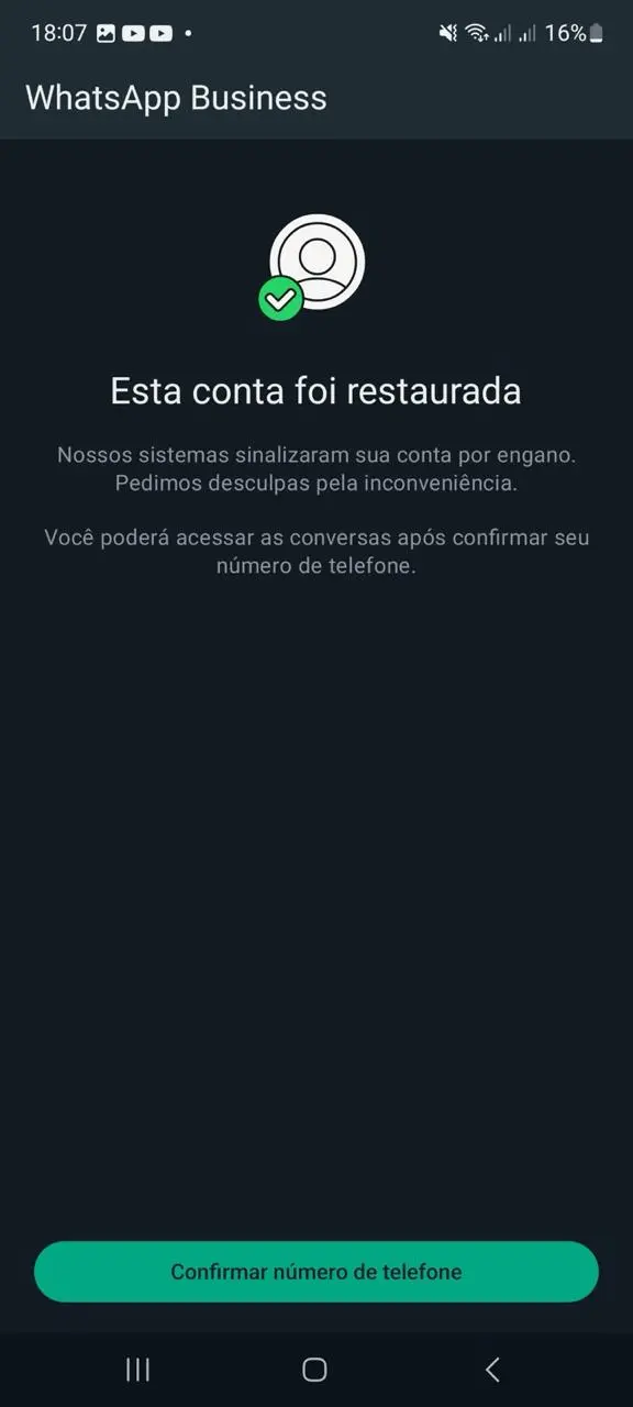Tela do WhatsApp Business: esta conta foi restaurada