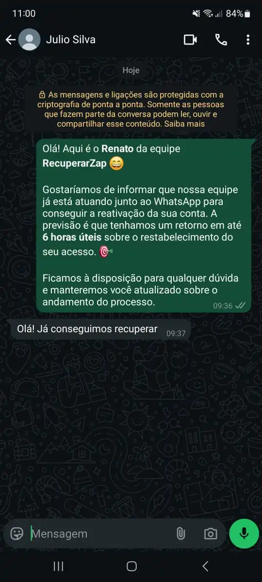 Cliente Julio informando que já conseguimos recuperar