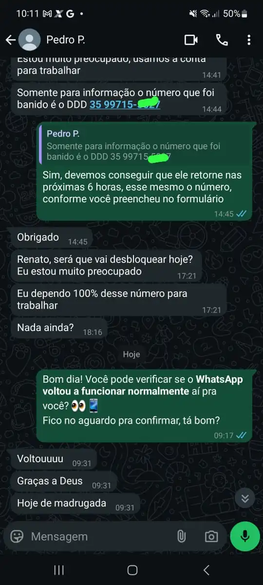 Cliente Pedro confirmando que o número voltou de madrugada